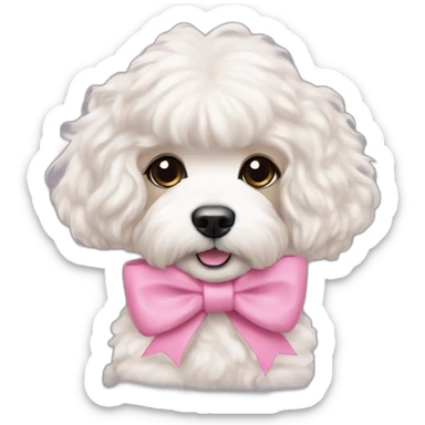 brunette Kendall Jenner with long hair holding on the hands white maltipoo wearing pink collar sticker