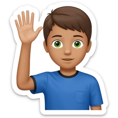 Boy 10 years old, with overgrown brown hair,with a with black and green eyes in a blue T-shirt, waves his hand sticker