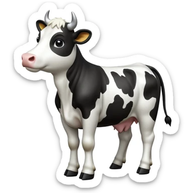 cinematic-[cow]-realistic-full-body-standing-emoji,-tail-flicking-lazily,-head-tilted-dramatically,-sleek-[black and white]-fur,-simplified-yet-realistic-focused-features,-highly-detailed,-glowing-with-an-almost-sarcastic-glow sticker