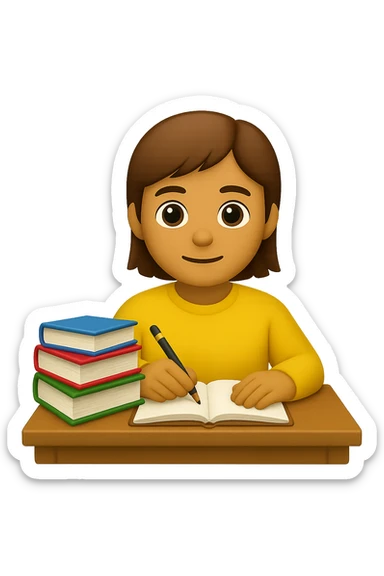 Edit the image to depict a student working at a desk with a stack of books on the desk in the style of apple emojis. Maintain the apple emoji style and add a stack of books on the desk clearly visible. sticker
