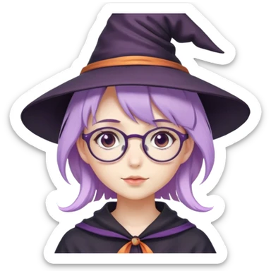 cute anime girl with lilac hair in a witch hat and glasses sticker