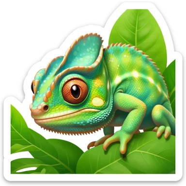 cinematic cute-smiling baby chameleon-realistic emoji,-blending-with-vibrant-greenery.-detailed-scales-in-shifting-colors,-showing-the-chameleon’s-ability-to-camouflage.-soft-natural-light-highlights-its-texture.-light-background, zoomed into its face sticker