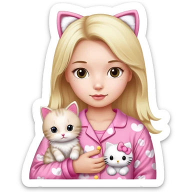 Blonde girl wearing pink Hello Kitty pajamas with two ragdoll cats sticker
