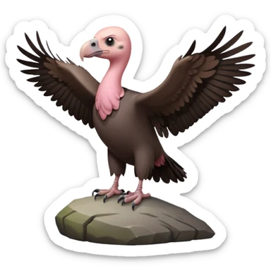 a vulture — large bird with dark brown feathers, bald pinkish head, curved beak and sharp eyes — standing proudly on a rock — wings slightly open — realistic yet cute cartoon emoji look, clean lighting, soft shadows. sticker