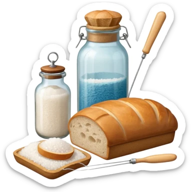  a one victorian bottle of salt and a loaf of bread - a bread bag, crochet needles and a ball of wool sticker
