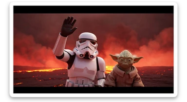 Cinematic still, selfie camera, Starwars stormtroopers vlogging , he is walking on lava planet with yoda sticker