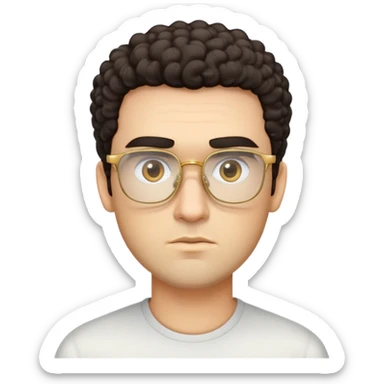 Man with square face, thick straight eyebrows, short curly dark hair, light facial scruff, serious neutral expression, wearing large square golden glasses sticker