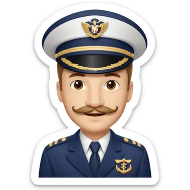 A light-skinned man with brown eyes and original stache, smiling while wearing a white captain’s hat with a navy emblem. sticker