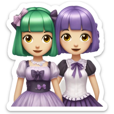 green haired girl with bang wears lolita dress and hugs girl with short purple hair sticker