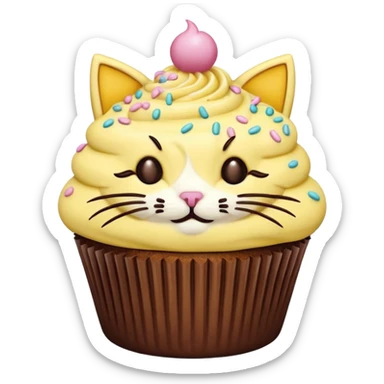 cupcake with pastel yellow frosting decorated to look like a cat face sticker