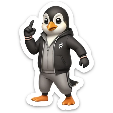 friendly anthropomorphised penguin wearing a mafia-style tracksuit, secretive scheming pose, soprano vibe, angry expression, running with a determined sprint, holding a knuckle duster sticker