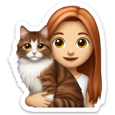 Copper red straight long haired dark brown eyed girl holding tabby and white Siberian cat sticker