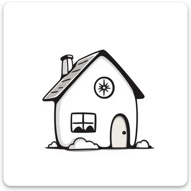 A cute small house/cottage with roof and windows in pastel colors (dd9fb0, ffc6d3, a3bfc9, c4bee2, f1b091), hand-drawn doodle style sticker
