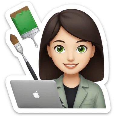 happy Graphic designer whit a MacBook, him eyes green color and dark brown hair, he is paint artist sticker