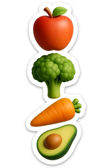 emoji stile iphone in 3d di cibo sano che fluttua in aria vericalmente, iperrealistico 4k sticker