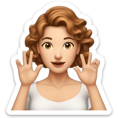 white woman, brown wavy hair, making heart gesture by hands, long earrings sticker