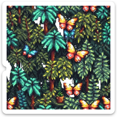 pixel art butterfly among trees and plants, forest background sticker