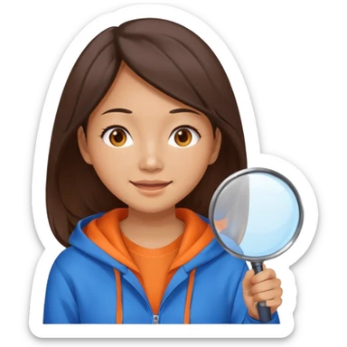 A brunette smiling asian woman wearing orange-blue hoodie holding a large magnifying glass and squinting at something to intently sticker
