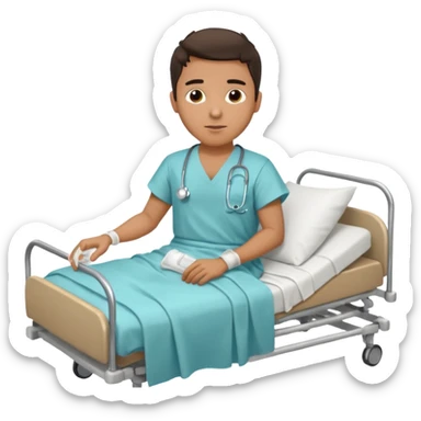 A young hispanic guy lies in a hospital bed due to a broken leg. sticker