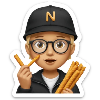num num eatting hashbrown sticks with a plain black cap and glasses no hair add the words Rollin' 18 to hat sticker
