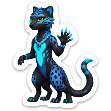 Realistic Obsidian-pitch-black fur body with neon-glowing-blue ring-markings Grem2-Gremz-Cheetah-Sergal-fusion, full body  sticker