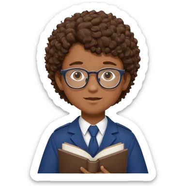 Boy student wearing uniform, glasses, hold book in front of their chest, brown curly hair, dark skin sticker