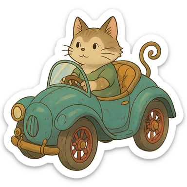 ghibli style illustration of a cat riding in a whimsical car sticker