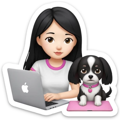 Blue back ground, Asian girl with long black hair , wearing a white t-shirt, working on an Apple laptop, next to her is a small black and white dog with pink collar on  sticker