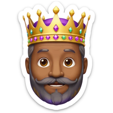 Create a cartoon-style emoji of Baltasar, one of the Three Wise Men. Only show his face and crown. He is older, with dark skin and a full black beard, joyful wrinkles, and a purple and gold jeweled crown. Express warmth, wisdom, and friendliness. Colorful and simple, suitable as an emoji. sticker