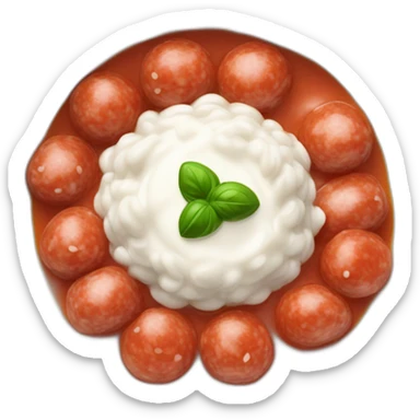 Plein de rondelles de saucisse mélanger à de la sauce tomate sur du riz blanc dans un petit bol sticker