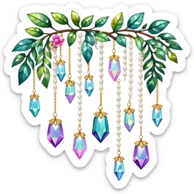 Few cute tiny Iridescent glistening glossy sparkly shiny glittery hanging crystals pearls and beads and gemstones scenery scenic decorations with plants and flowers sticker
