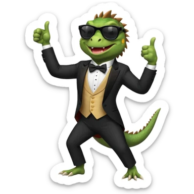 capitalist iguana banker in tuxedo and black sunglasses dancing crazy thumb up sticker
