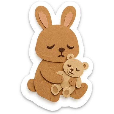 flawless, highly detailed, high quality paper craft style illustration of a caramel-colored bunny holding a teddy bear, eyes drooping, perfect proportions, no imperfections, intricate textures, soft lighting, delicate cut-paper details sticker