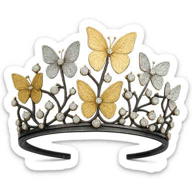 butterfly crown with a black base, butterflies in gold and silver enamel, sparkling gems, transparent background sticker