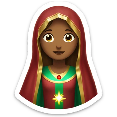 Virgin Mary: kind face looking down at the left, long brown hair, Wearing an emerald green  robe with gold stars and a burgundy red dress,  Hands in prayer or blessing. Halo around her head. standing in front of a big sun.  sticker