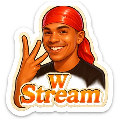 Make him Smiling 
Twist middle finger and ring finger crossed over to form a W
Change His durag To Red
Add the words W Stream sticker