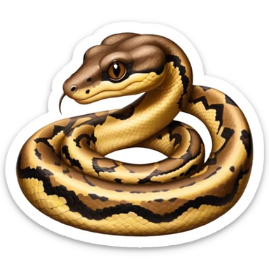 A photo-realistic headshot of a Ball Python with a rounded snout, soft contours, and a calm, curious look. Its warm brown head features bold dark markings, including the signature “alien-head” pattern. sticker