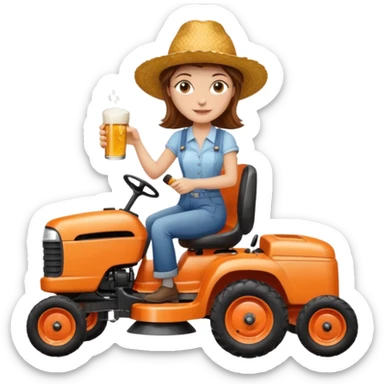 White woman with brown hair, without glasses wearing a straw hat, on old orange ride on lawn mower, holding a beer with one hand and holding the steering wheel with the other hand sticker