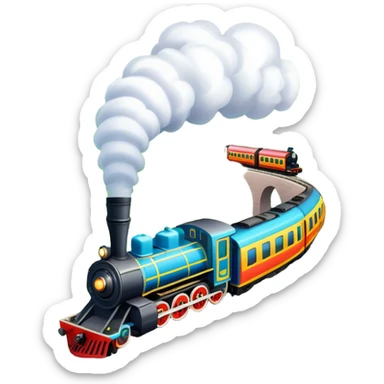 An icon showing a vibrant PC game train simulator scene with a steam locomotive traveling through a colorful countryside. The design features lush landscapes, winding tracks, and detailed railway elements, symbolizing the strategy and creativity of simulation games. Transparent background sticker