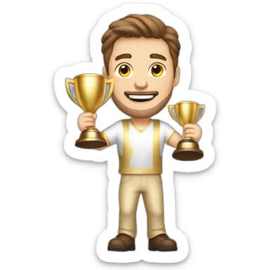 the white European man brown hair Celebrating, Raising a gold trophy in your hands, full body, Elegant dress sticker