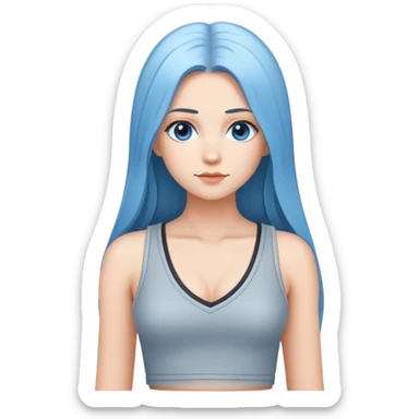 hyperrealistic caucasian, deep sky blue long straight hair, white deep v-neck crop tanktop, gray tight mini skirt sticker