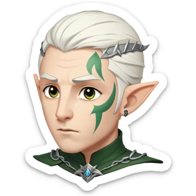 Male Elf with short white hair and rune tattoos running down the left side of his face. He has a scowl and is wearing black armor  sticker
