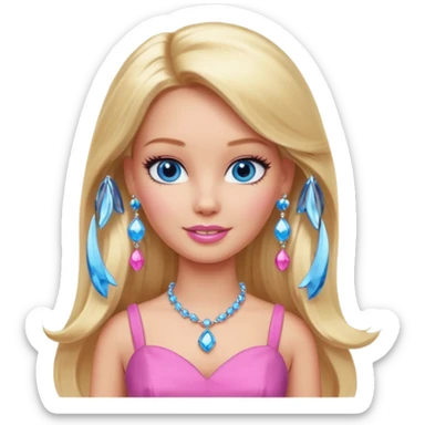 barbie, long blonde hair, pink dress, with blue eyes,different dress,ear rings, jewelry. sticker