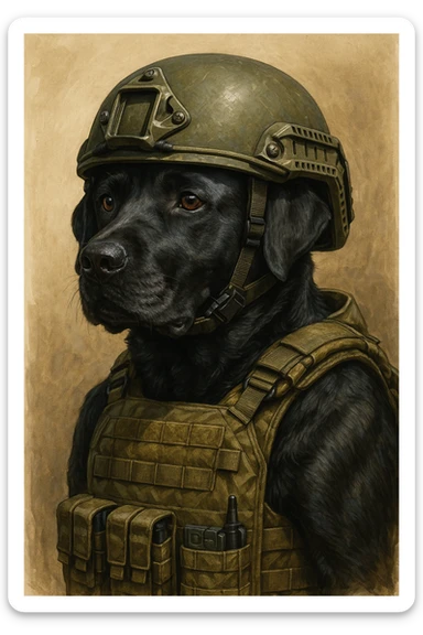 illustrated black labrador retriever with a military helmet and vest sticker