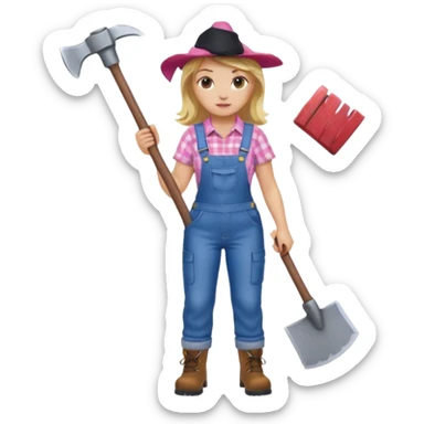 lumberjack blonde woman holding axe pink checked shirt and overalls sticker