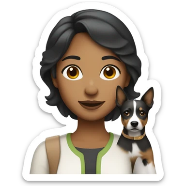 Apple style brown woman with medium black hair holding gray heeler sticker