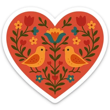 Red heart with Slavic folk art nature motif, featuring stylized flowers, birds, and vines, ornate and colorful, inspired by Eastern European embroidery, with transparent background. sticker