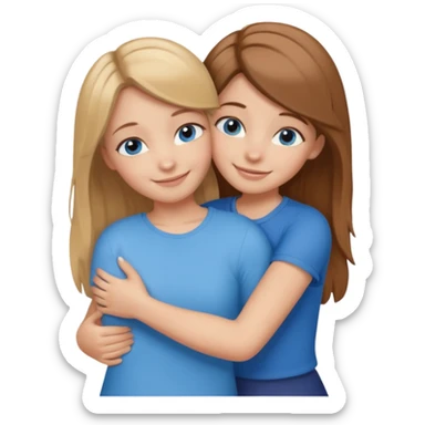 two Girls, Brown and Blonde hair, with Blue Eyes hugging one has Brown hair cute Hug  sticker
