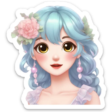 Gorgeous anime style lady with blushing face and accessories cottagecore fairycore Kawaii anime colorful pearly romantic aesthetic trending style sticker