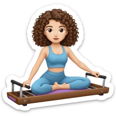 brunette,curly hair shoulder lenght,turkish 3b girl doing reformer pilates with cute set, sticker